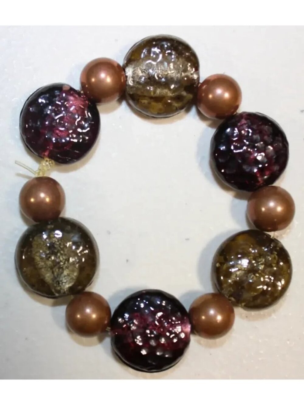 Artisan Foil Glass & Bronze Beaded Stretch Bracelet Deep Purple